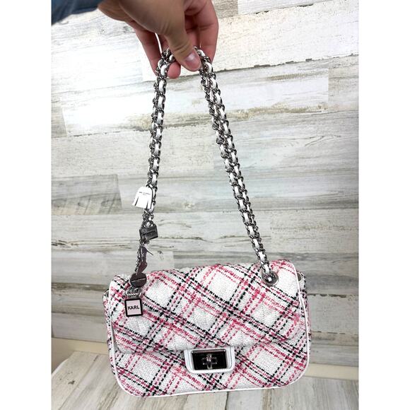 Karl Lagerfeld Women’s Lafayette Pink Plaid Leather Fabric Shoulder Bag NEW - Picture 2 of 9